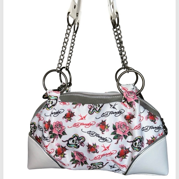*RESERVED* ED HARDY BLING WHITE SATCHEL SKULLS RHINESTONE HEARTS ROSES CHARMS - Picture 7 of 15
